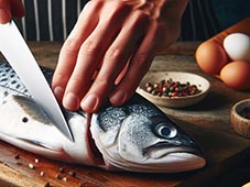 Una persona manipulando una merluza en la cocina